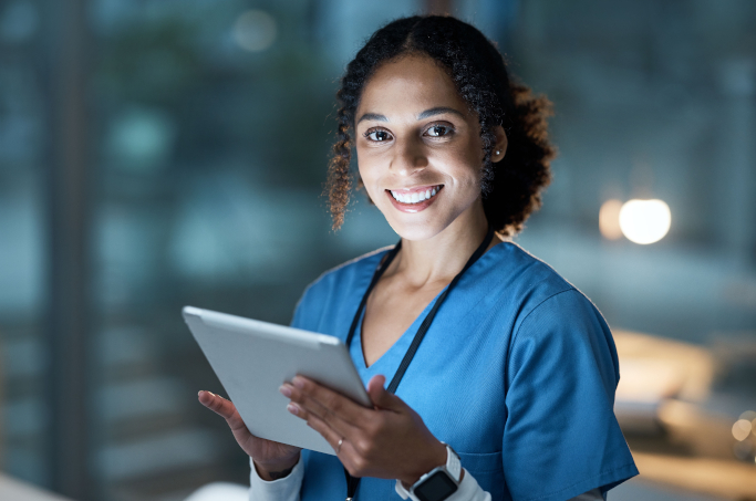 Nurse,Portrait,,Tablet,And,Black,Woman,In,Hospital,Working,On
